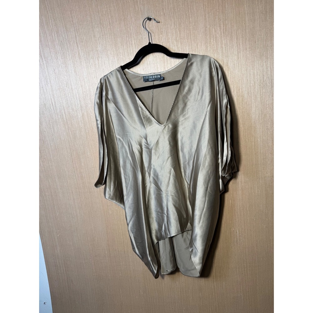 Abi Ferrin Womens 100% Silk Dolman Sleeve V-Neck Drape Top Champagne Gold Large